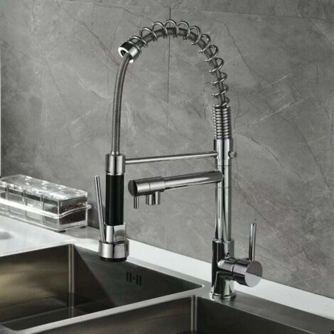 Grifo de cocina extraíble con 2 modos de pulverización, grifo mezclador de cocina con 2 modos de pulverización, agua fría y caliente disponible - Plata