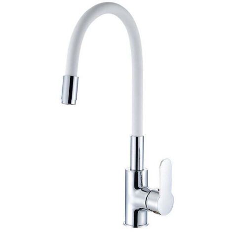 Grifo de cocina flexible con caño giratorio alto, grifo mezclador para fregadero flexible, grifo para fregadero de un solo orificio de latón cromado y blanco, agua caliente y fría, grifo de cocina con