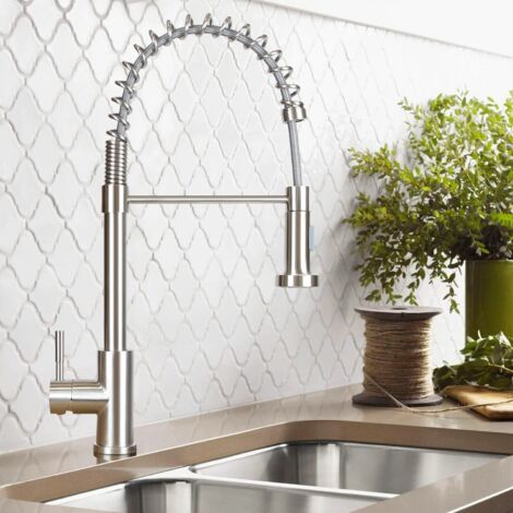 Grifo de cocina - GBLY con ducha extraíble Mezclador de cocina Grifo de fregadero giratorio Mezclador de acero de alta presión con 2 tipos de chorros Grifo de cocina inoxidable mate, níquel