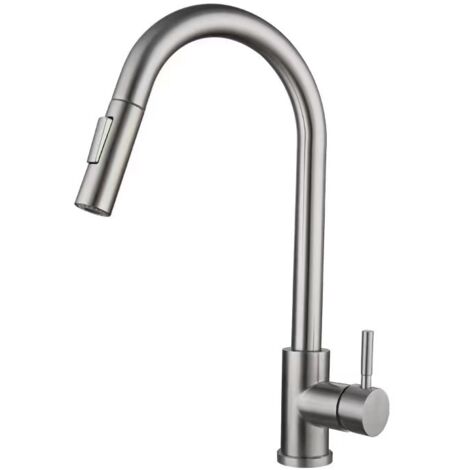 Grifo de cocina giratorio de 360° con rociador extraíble, mezclador de alta presión de acero inoxidable y níquel cepillado.