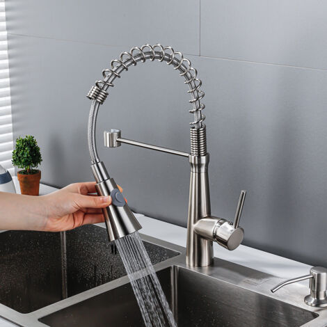 Grifo de cocina, grifo de resorte en espiral, grifo de cocina giratorio de 360°, grifo de latón con tubería de agua - cromado