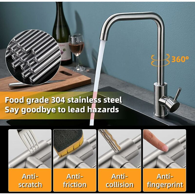 

Grifo de cocina, Grifo mezclador de cocina giratorio de 360 ​​°, Grifo de cocina de una manija, Acero inoxidable, Grifo con manguera PEX, Puede