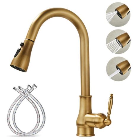 Grifo de cocina, mezclador de fregadero de caño alto con rociador extraíble, 3 tipos de chorro, estilo latón antiguo, monomando giratorio de 360°.