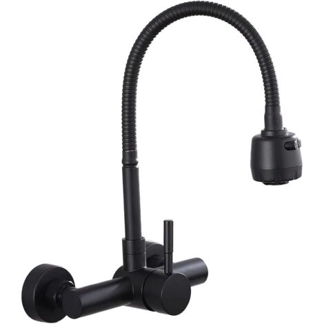 Grifo de cocina mezclador de pared de acero inoxidable 304, grifo de fregadero giratorio de 360° con manguera flexible - negro