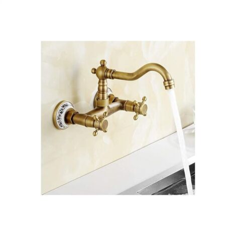 Grifo de cocina montado en la pared, grifo de lavabo vintage con grifo de fregadero antiguo de cerámica de agua fría y caliente de latón