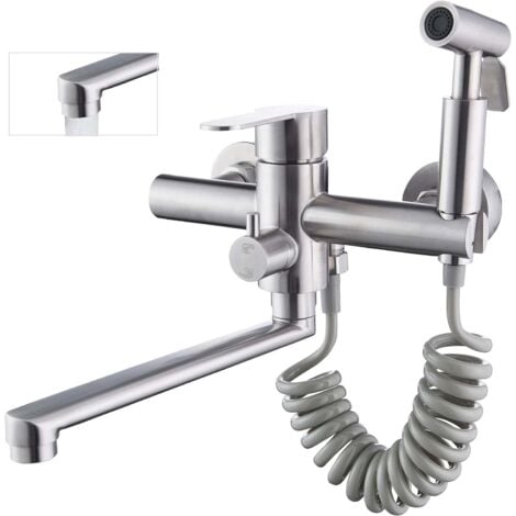 SJQKA Grifo de cocina mural – Caño de 20 cm (aprox.), giratorio 360°, con rociador resistente al calor – Fácil instalación – Caño de 23 cm (aprox.) – Níquel cepillado