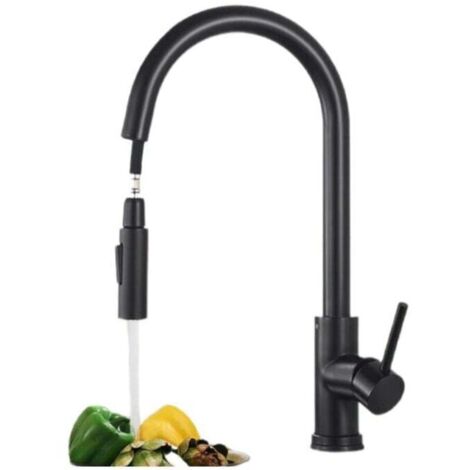 Grifo de cocina negro con 2 funciones, ducha extraíble, grifo mezclador de cocina giratorio 360° fabricado en acero inoxidable.