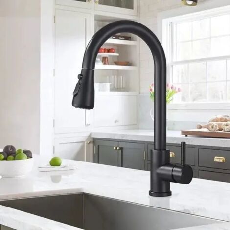 Grifo de cocina negro, con cabezal rociador extraíble y caño giratorio de 360°. Control único para agua fría y caliente.
