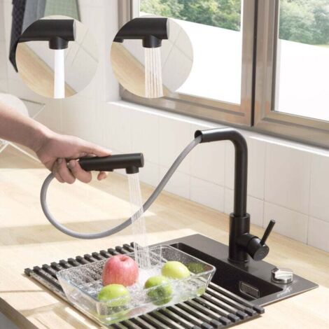 Grifo de cocina negro con rociador extraíble - Grifo mezclador de cocina con 2 modos de rociado - Grifo para fregadero giratorio de 360°