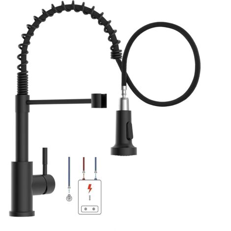 Grifo de cocina negro de baja presión con resorte de acero inoxidable cepillado y cabezal rociador extraíble con 2 modos, grifo mezclador extraíble giratorio de 1 orificio para fregadero con giro de 3