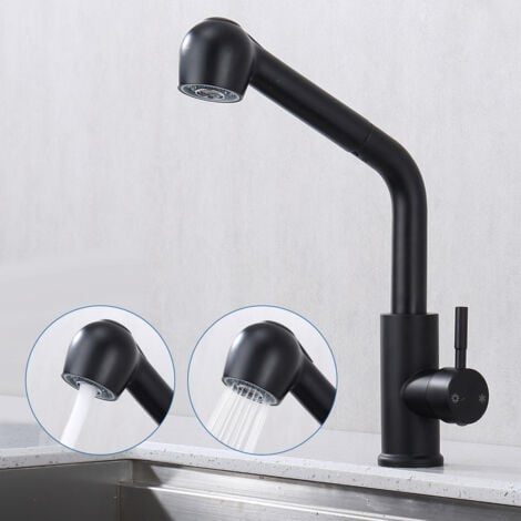 Grifo de Cocina Negro en Acero Inoxidable con Ducha Extraíble, Mezclador de Fregadero con 2 Tipos de Chorro a Elegir