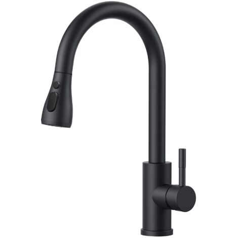 Grifo de Cocina Negro, Grifo de Fregadero con Ducha Giratoria 360°, Mango Retráctil 2 Modos y Arco Alto