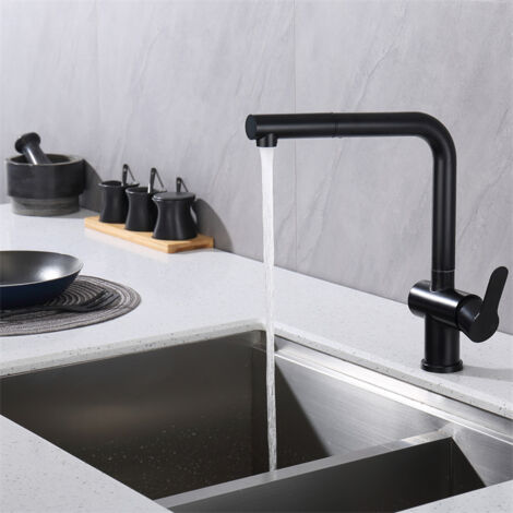 Grifo de Cocina Negro Mate con Ducha Extraíble, Mezclador de Fregadero Giratorio 360°, Acero Inoxidable