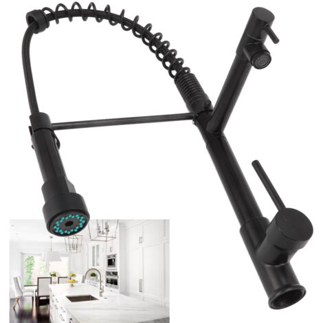 Grifo de cocina negro, resistente a la corrosión, con muelle, manguera extensible de doble función, función giratoria de 360° y fácil montaje.