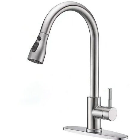 Grifo de cocina - Plata cepillada - Rociador extraíble - Giratorio 360° - Acero inoxidable - Grifo mezclador para fregadero - Mezclador de 3 funciones