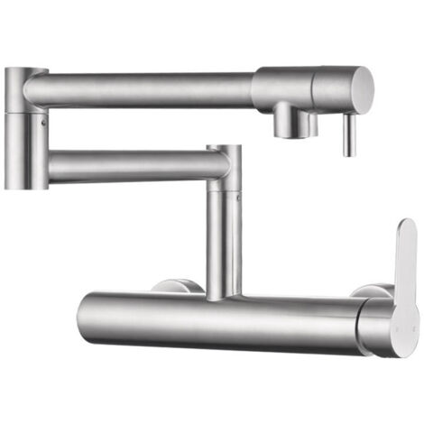 Grifo de cocina plegable de pared, acero inoxidable 304, doble orificio, rotación de 360°, doble control.