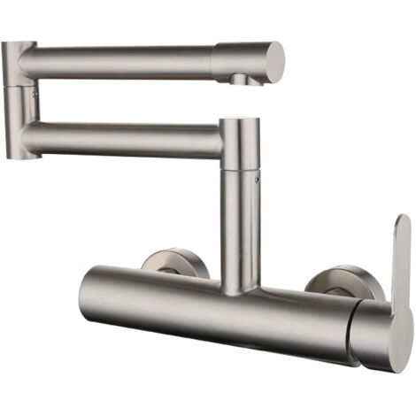 Grifo de cocina plegable de pared, acero inoxidable 304, doble orificio, rotación de 360°, mando único.