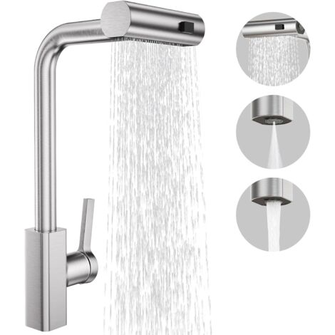 Grifo de cocina profesional con rociador extraíble de 3 modos, monomando de acero inoxidable, para fregaderos de 1 orificio, cocina, bar y autocaravana, acabado en níquel cepillado