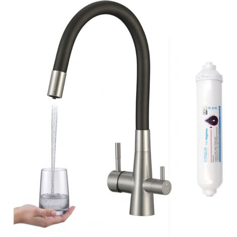 Grifo de cocina Riveco con filtro y caño flexible de pie, acero negro