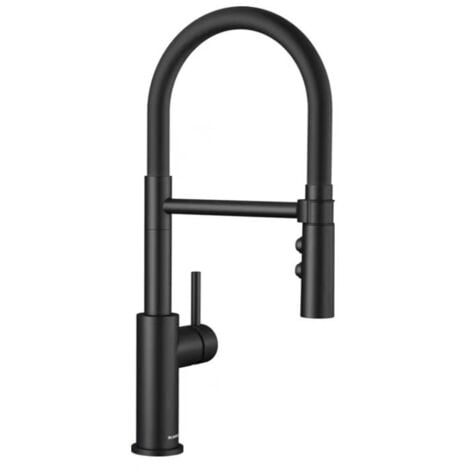 LARGEIGHT Grifo de cocina semiprofesional extraíble negro mate con manguera elevada negra