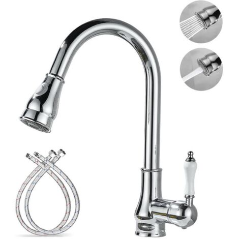 Grifo de cocina vintage con cabezal rociador extraíble, caño giratorio de 360°, acabado cromado y componentes de latón y cerámica.