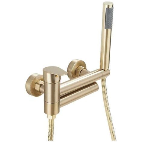 Grifo de ducha de pared Ulisem, mezclador monomando de latón para bañera con ducha de mano y flexo (150 cm), dorado