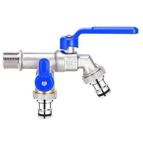 Grifo de jardín de latón de 1/2", doble salida y doble cabezal, 1/2 x 3/4 x 3/4 [rosca extendida de 4 puntos, azul]