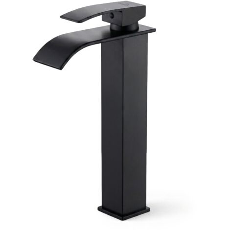 Grifo de lavabo alto de cascada negro sobre encimera mezclador de baño EVIO