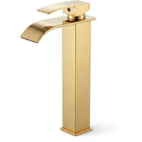Grifo de lavabo alto de cascada oro sobre encimera mezclador de baño EVIO