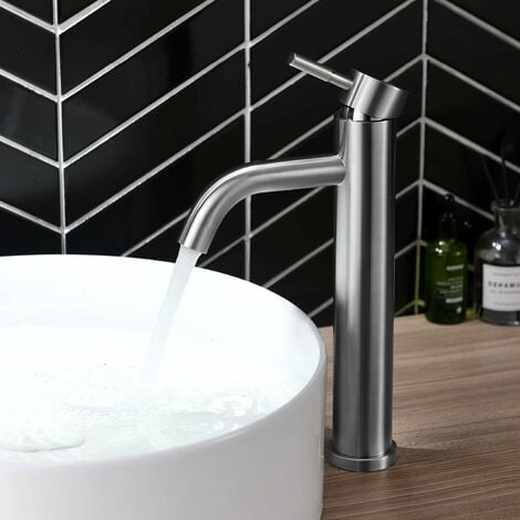 DEVENIRRICHE Grifo de lavabo alto, grifo monomando de lavabo de acero inoxidable 304, diseño moderno de grifo mezclador de baño con manguera PEX, ajustable en frío y calor, garantía de por vida.