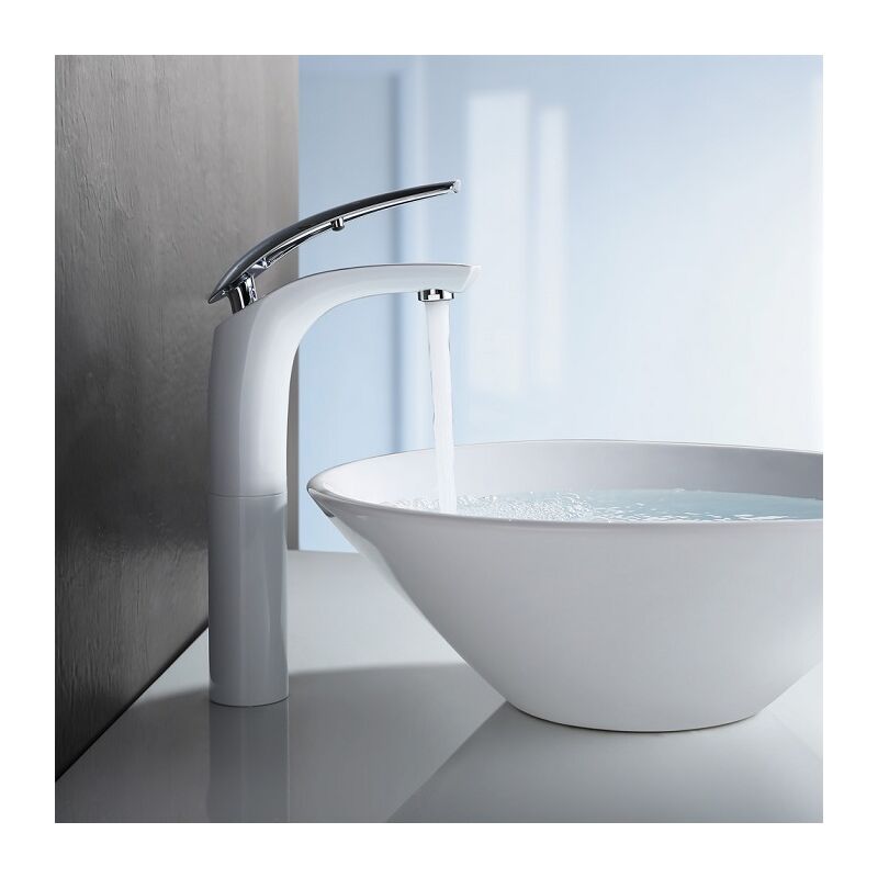 

Grifo de Lavabo Alto Monomando Grifería de Baño Grifos para Fregadero Monomando Grifo de Mezclador Agua Caliente y Frío Blanco/Plateado HOMELODY