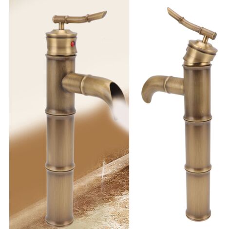 Grifo de lavabo antiguo de cobre con caño de bambú y monomando [Grifo mezclador antiguo] + elemento calefactor de bambú + mangueras incluidas