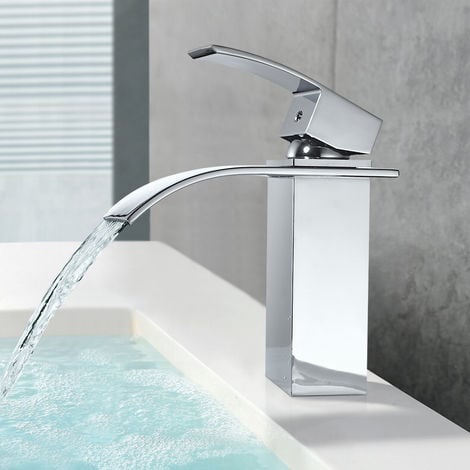 Grifo de Lavabo Cascada Griferia para Baño Alta Calidad Monomando Grifo de Cuenca Mezclador Agua Fría y Caliente, Cromo-plateada