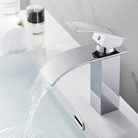 Grifo de Lavabo Cascada Monomando Cuadrado Mezclador para Baño Fregadero, Válvula De Cerámica, Agua Fria y Caliente Disponible, Cromo Estilo de Moderno