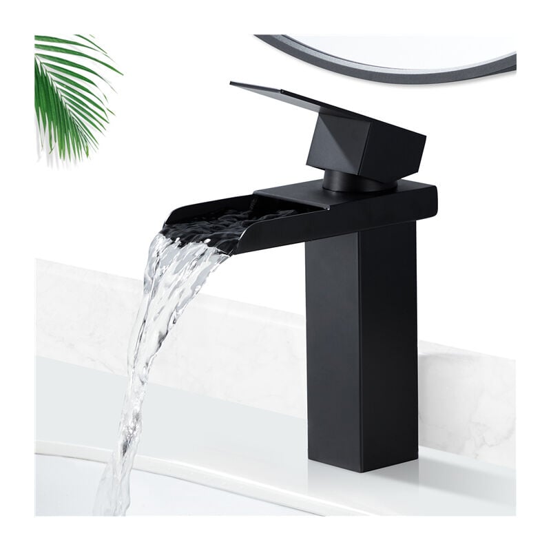 

Grifo de Lavabo Cascada Negro Cuadrado Estilo Moderno Mezclador Monomando para Lavabo Grifería de Baño Elegente