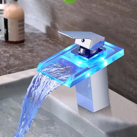 Grifo de Lavabo con Iluminación LED RGB para Baño, Cascada Monomando Mezclador Latón y Vidrio, Griferia Agua Fría y Agua Caliente - Hecho de vidrio