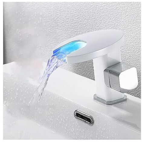 Grifo de lavabo con luz LED, grifo de baño de latón, grifo para fregadero de cocina, montado en cubierta, agua fría y caliente, blanco