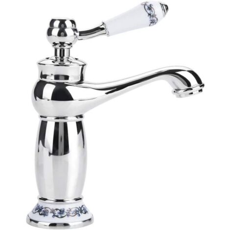 Grifo de lavabo (cromado), grifo de lavabo de latón cerámico, porcelana blanca y negra con cuello largo, diseño floral retro con entrada de agua, grifo de agua fría y caliente.
