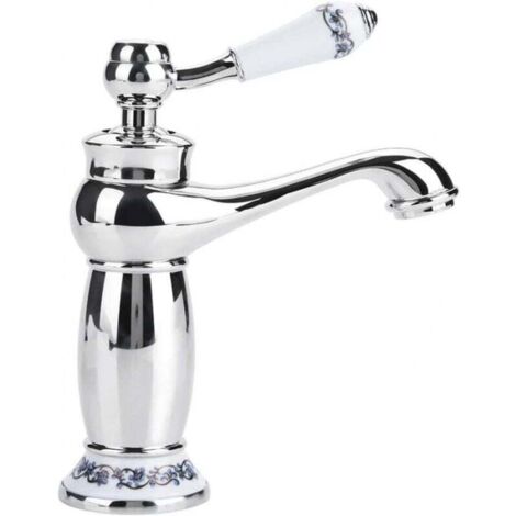 Grifo de lavabo (cromado), grifo de lavabo de latón cerámico, porcelana blanca y negra con cuello largo, diseño floral retro con entrada de agua, grifo de agua fría y caliente.