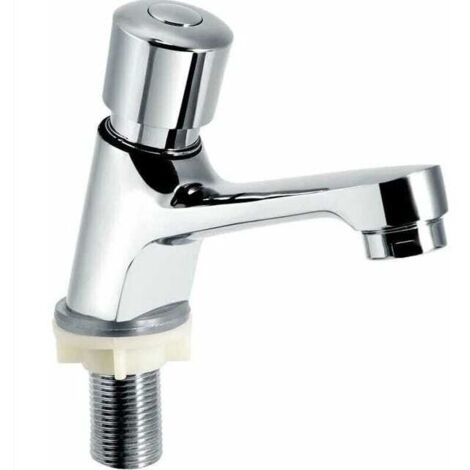 Grifo de lavabo cromado plateado con temporizador y apagado automático para ahorrar agua, apto para cocinas y baños.