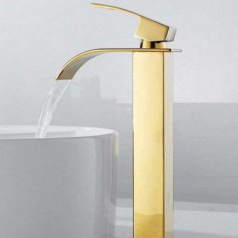 Grifo de lavabo de baño con caño alto tipo cascada, moderno grifo mezclador cuadrado cromado de un solo orificio para agua fría y caliente (Dorado)