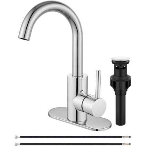 Grifo de lavabo de baño de latón pulido con rebosadero - Monomando - Grifo mezclador de latón - Con desagüe y placa protectora