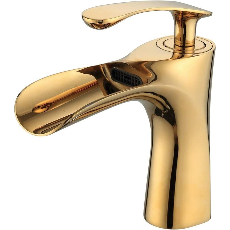 

Grifo de lavabo de baño de lujo, grifos de cascada de una manija, acabado dorado pulido para baño de 1 orificio