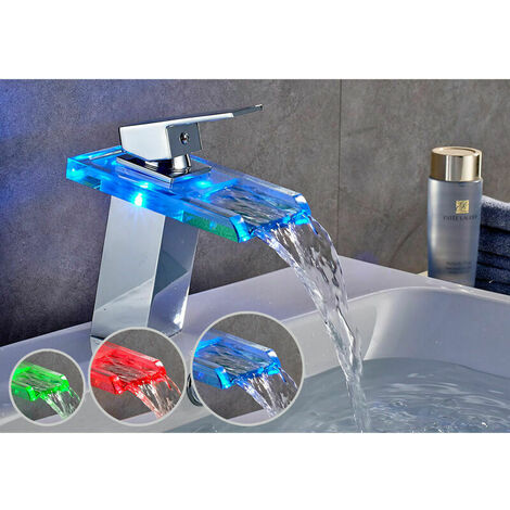 Grifo de lavabo de cascada LED de 3 colores para lavabo de baño y grifo y grifo de lavabo de agua fría, latón cromado y vidrio