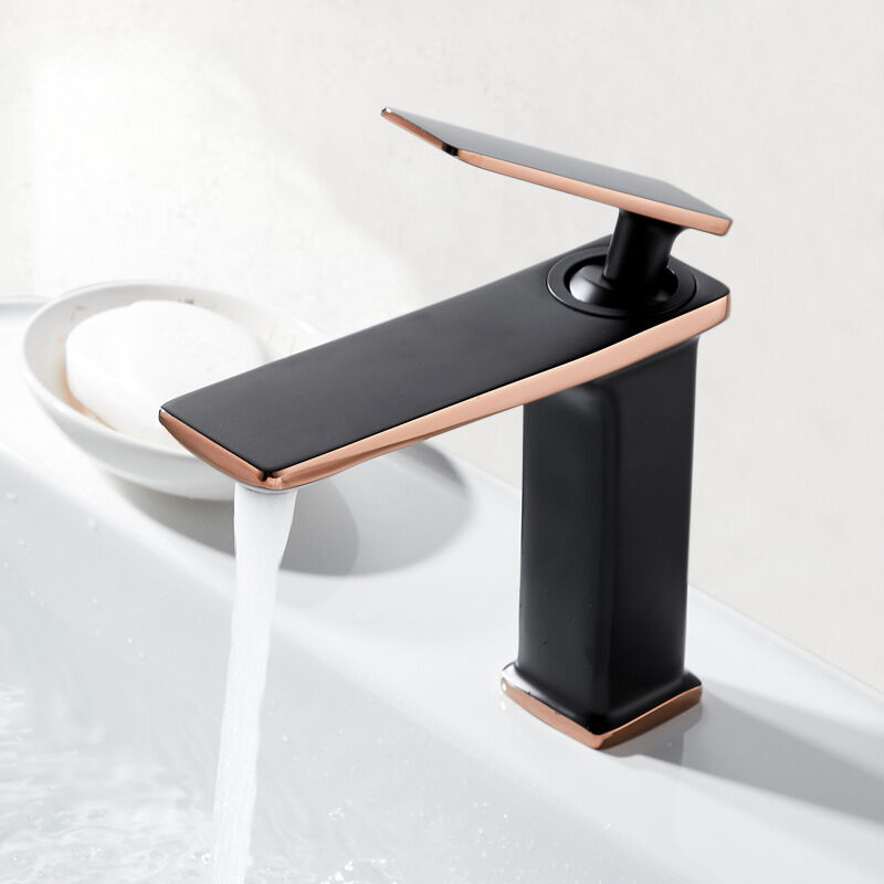 

Grifo de lavabo de cascada negro moderno, grifo de baño de una manija para lavabo de encimera, grifo cuadrado en latón de alta calidad