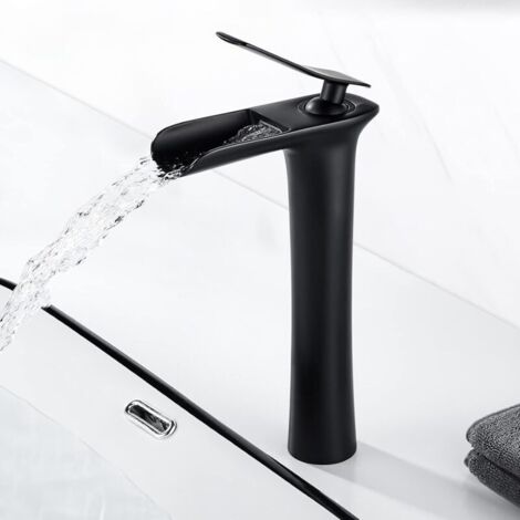 Grifo de lavabo de cascada negro moderno, grifo mezclador de lavabo alto de latón, grifo de cascada disponible para agua fría y caliente