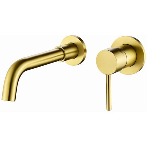 Grifo de lavabo de latón macizo dorado, grifo de baño de pared, grifo de lavabo con caño giratorio de latón cepillado