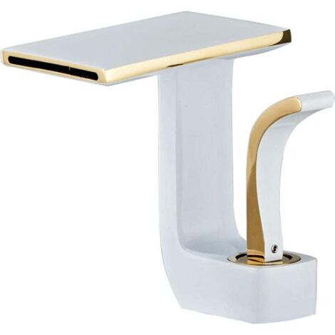 Grifo de lavabo en cascada, grifo de agua fría y caliente, mezclador monomando, latón (blanco y dorado)