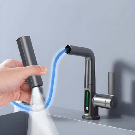 Grifo de lavabo inteligente de lujo, pantalla digital de temperatura, rotación de 360°, agua fría y caliente, control dual, múltiples modos de uso de agua, conveniencia y ahorro.
