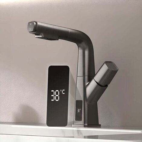 Grifo de lavabo inteligente y lujoso en gris cobre, pantalla digital, control preciso de agua fría y caliente, rotación de 360° para una comodidad óptima.